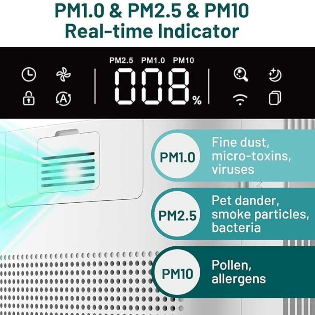 Air purifier digital display showing real-time PM1.0, PM2.5 & PM10 levels